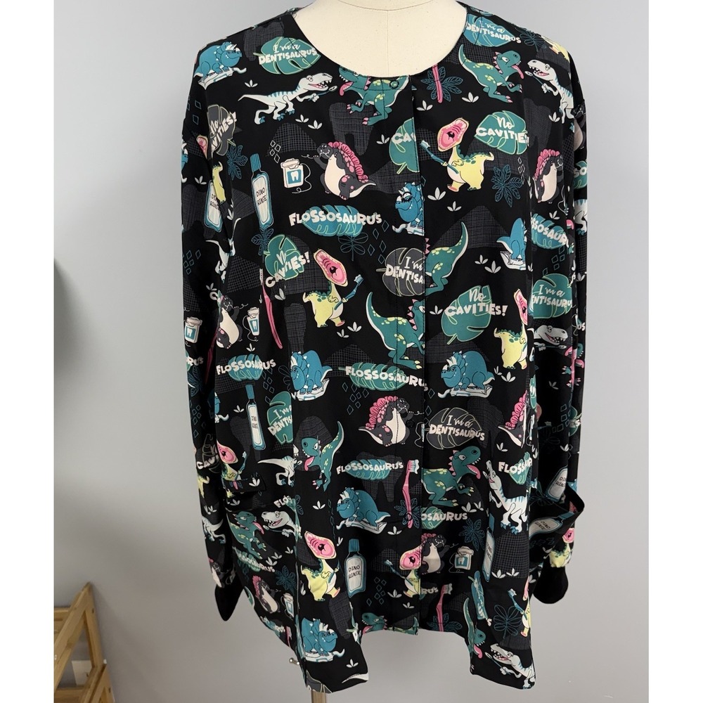 NWT Cherokee Scrub Jacket 5X Black Cartoon Dinosaurs Scrubs Dentist Hygienist